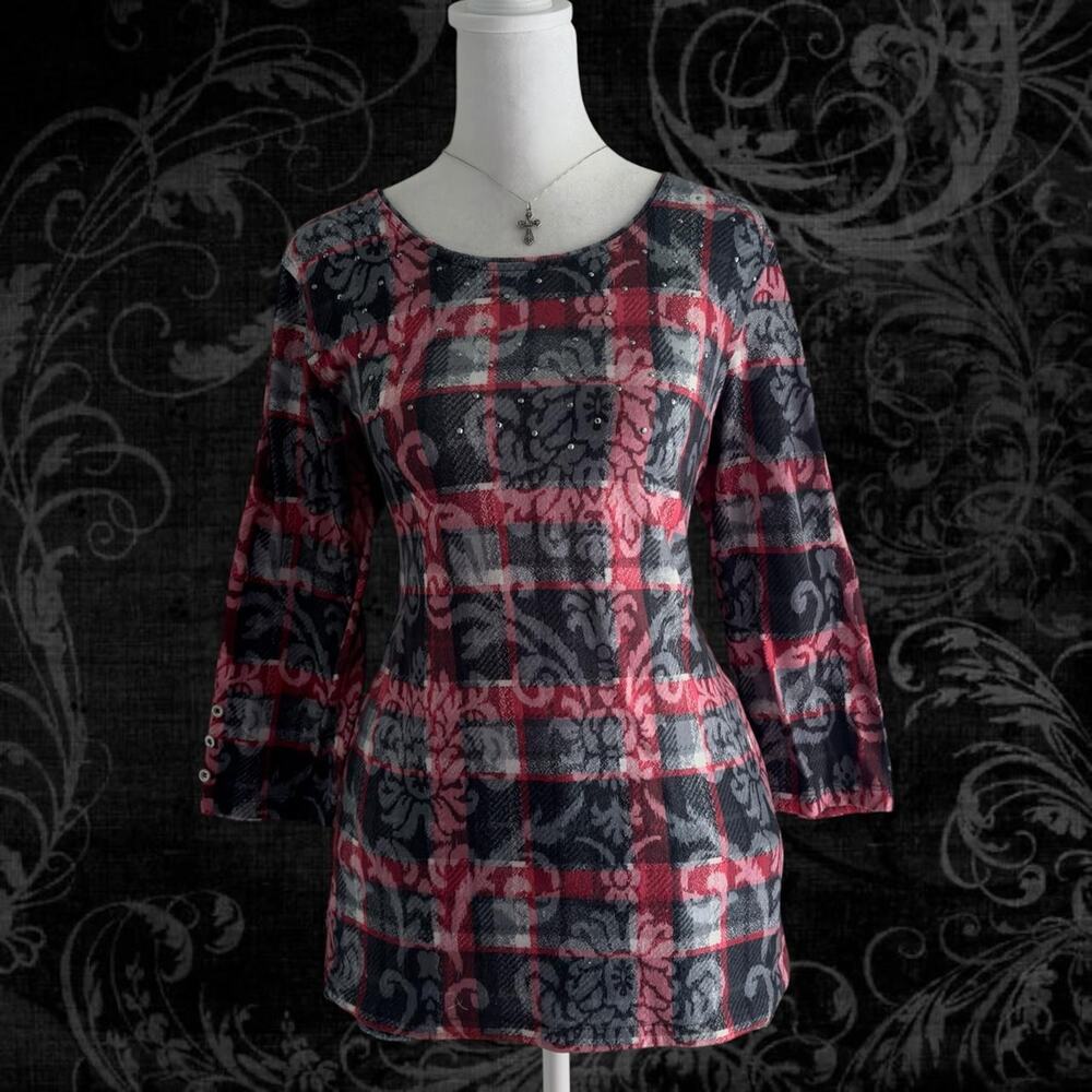 dusty black red and white ornate baroque damask plaid whimsical top